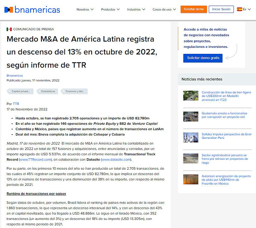 Mercado M&A de Amrica Latina registra un descenso del 13% en octubre de 2022, segn informe de TTR